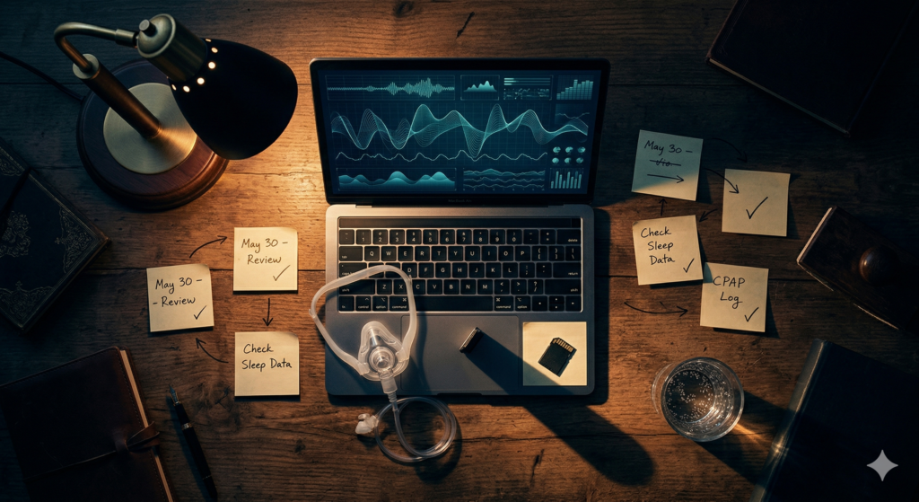 Laptop z wykresami OSCAR na biurku obok maski CPAP i karteczek z notatkami
