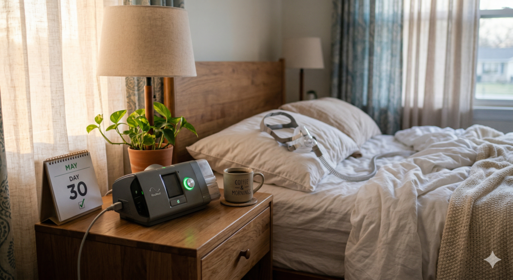 Aparat CPAP na szafce nocnej w przytulnej sypialni - pierwszy miesiąc terapii